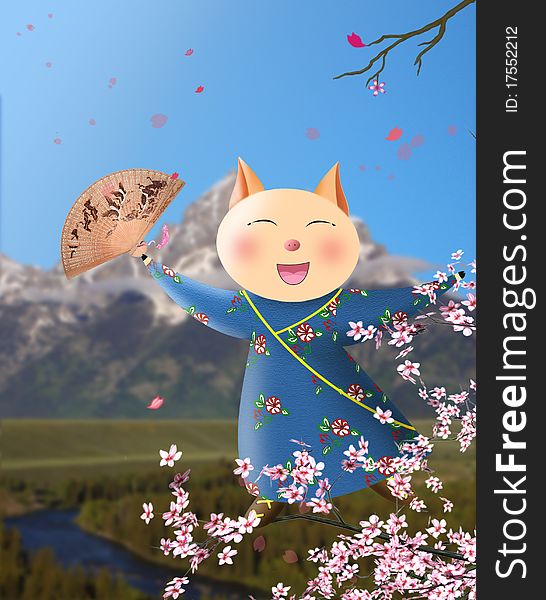 Happy cute pig dancing on branches of sakura. Digital art. Photoshop.