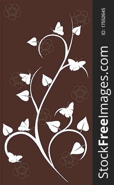 Floral decor as silhouettes of flowers and butterfly on a brown background. Floral decor as silhouettes of flowers and butterfly on a brown background