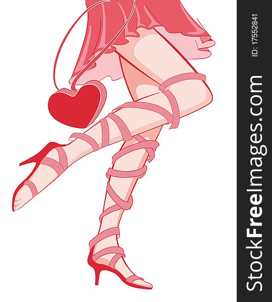 Girl wearing a miniskirt, she carries the package, she wore high heels, she is young and stylish. All elements are original for the illustration. Girl wearing a miniskirt, she carries the package, she wore high heels, she is young and stylish. All elements are original for the illustration.