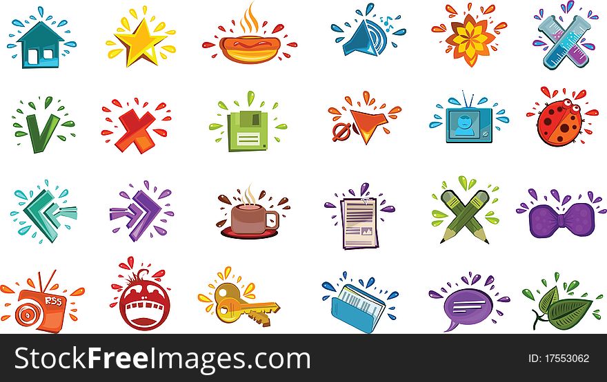 Colorful set of icons with drops of color around every item. Set contain icons for such common actions as add to favorites, go home, step forward/backward, save, view rss, open, read news, watch video and make science. Colorful set of icons with drops of color around every item. Set contain icons for such common actions as add to favorites, go home, step forward/backward, save, view rss, open, read news, watch video and make science.