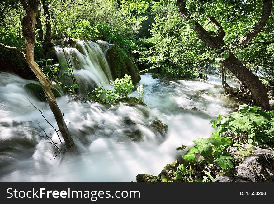 Waterfall and flowing water in a thick forest. Waterfall and flowing water in a thick forest