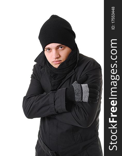 Freezing man dressed with winter clothing isolated on white. Freezing man dressed with winter clothing isolated on white
