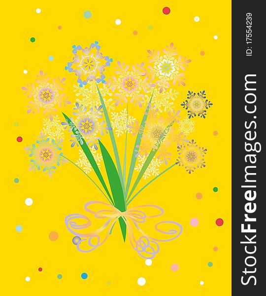 Bright new year card with snowflakes and beads on a yellow background