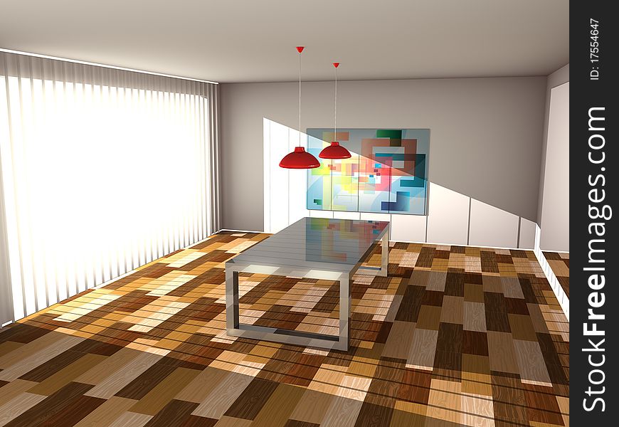 Room with laminate floor, a large metal table, mirror on the wall, painting and window through which shine bright beams of light. 3d computer modeling