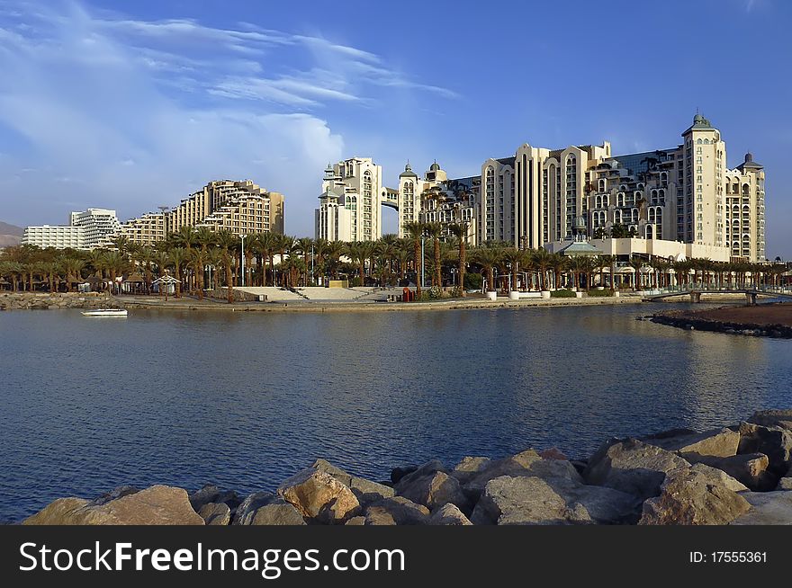 View on the beach and resort hotels in Eilat city