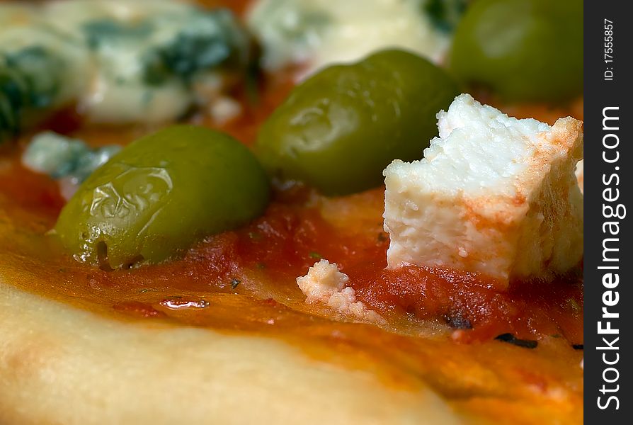 Cheese pizza with olives close