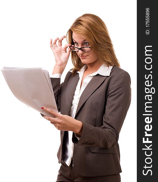 Business women in glasses holding papers