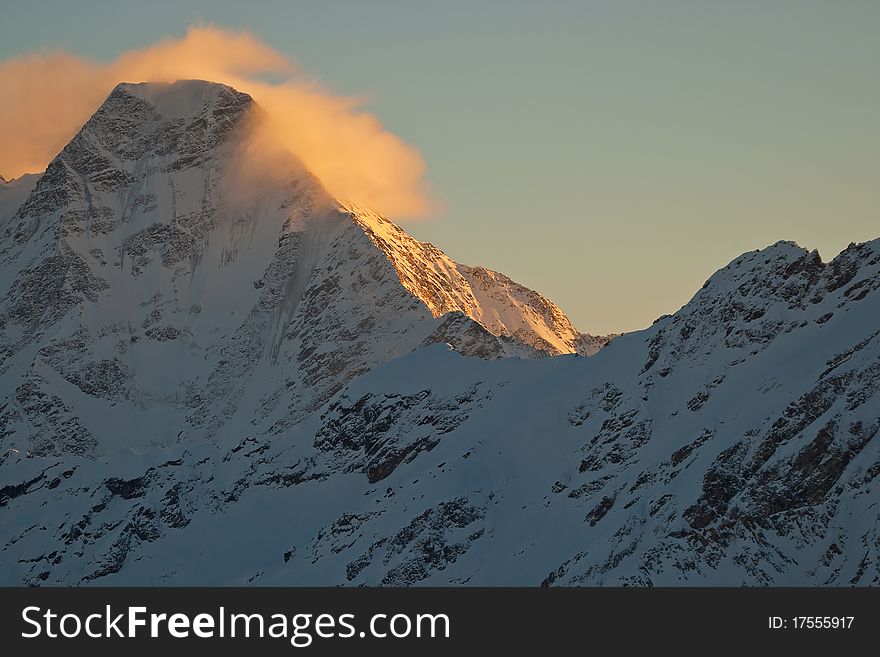 Winter sunset in the mountains, Caucasus