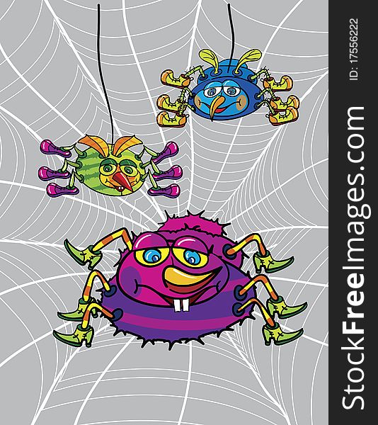 Spiders and net cartoon, abstract vector art illustration. Spiders and net cartoon, abstract vector art illustration