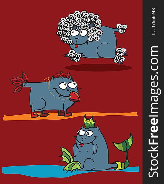 Cat disguised in a lion, bird and mermaid, abstract vector art illustration