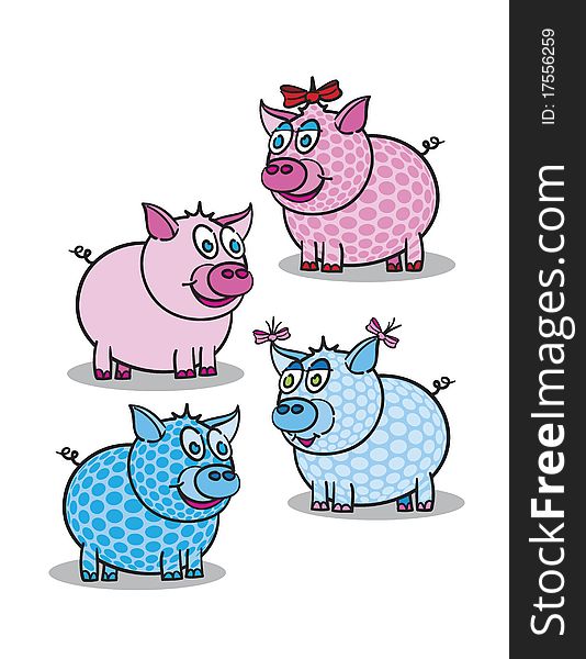 Pink and blue piggy, boys and girls against white background; abstract vector art illustration