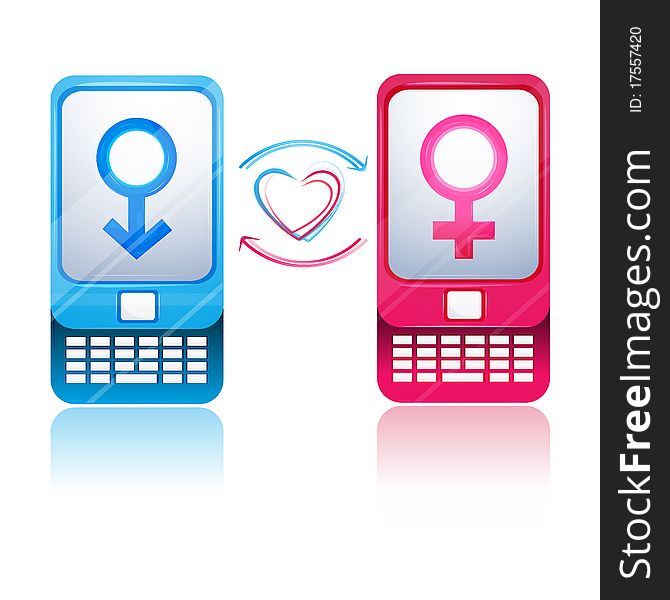 Illustration of male female talking by phone on white background. Illustration of male female talking by phone on white background
