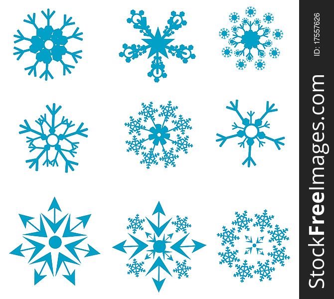 Illustration of shapes of snowflakes on white background