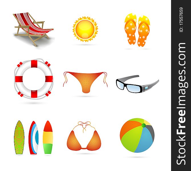 Illustration of beach icons on isolated background