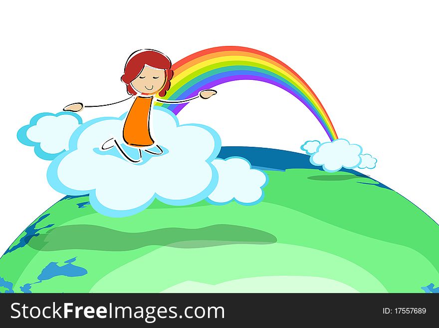 Illustration of girl on cloud with rainbow on white background