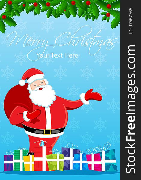 Illustration of merry christmas card with santa on whitye background