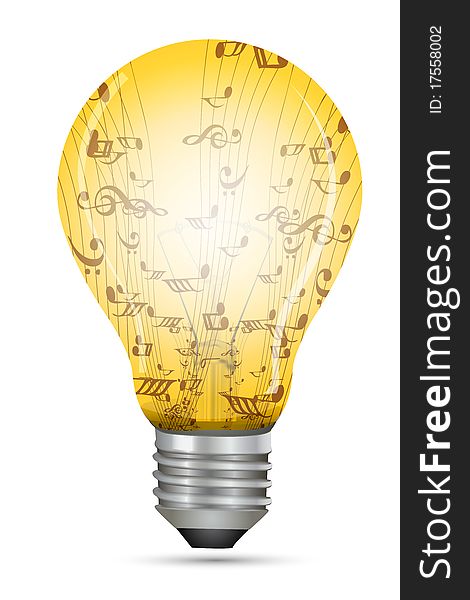 Illustration of electric bulb with music texts on isolated background