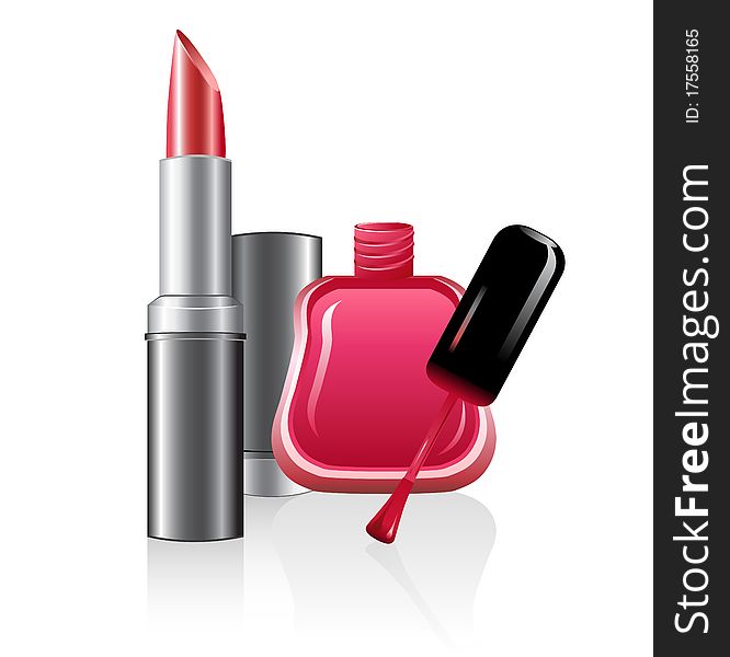 Illustration of nail polish and lipstick on white background
