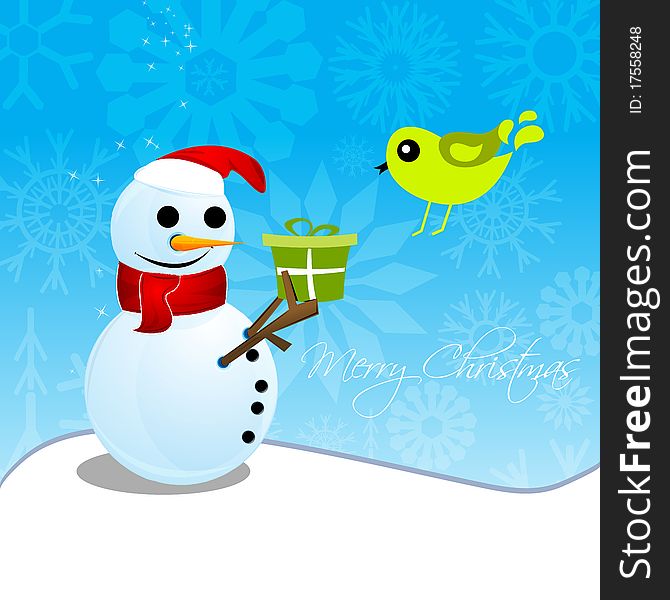 Christmas Card With Snowman And Bird