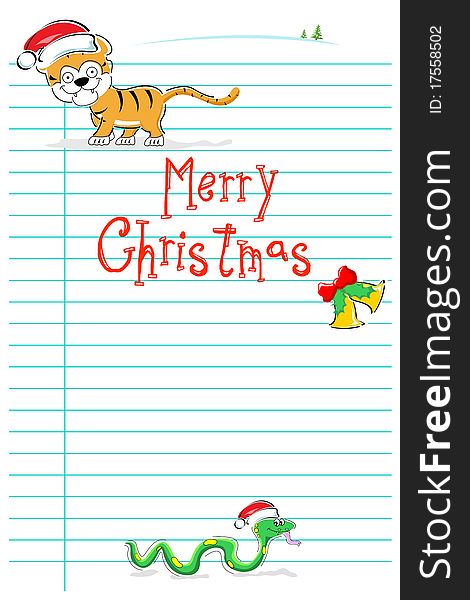 Illustration of merry christmas card with wild animals on white background