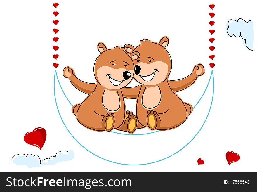 Illustration of loving teddy bears on white background