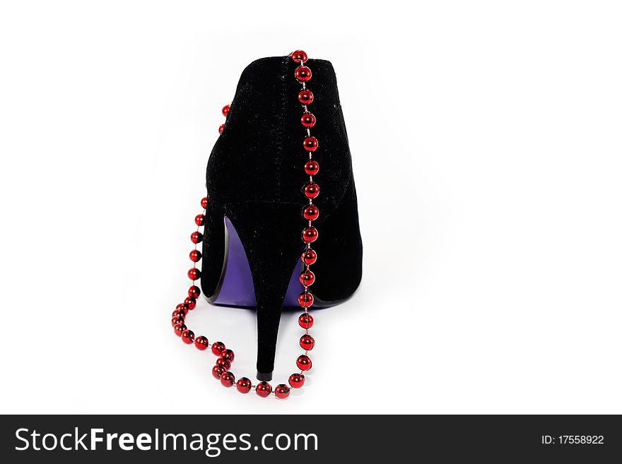 Black female high-heeled shoes with red beads