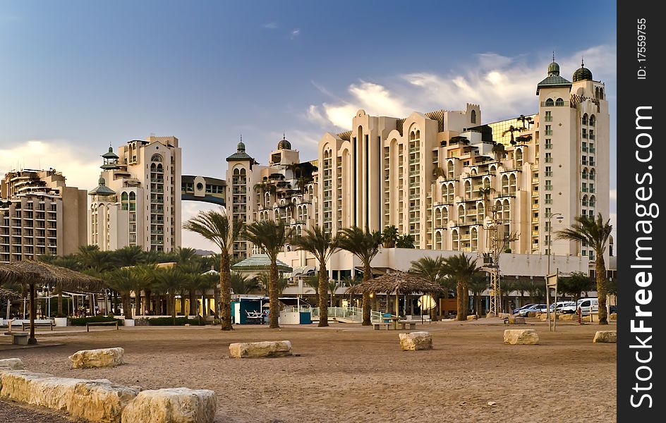 View on the beach and resort hotels in Eilat city