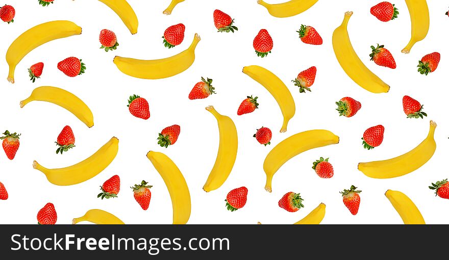 Seamless pattern of banana and strawberry on white. Summer fruit and berries background concept