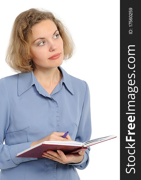 The young woman with a pencil and the note book separately on a white background