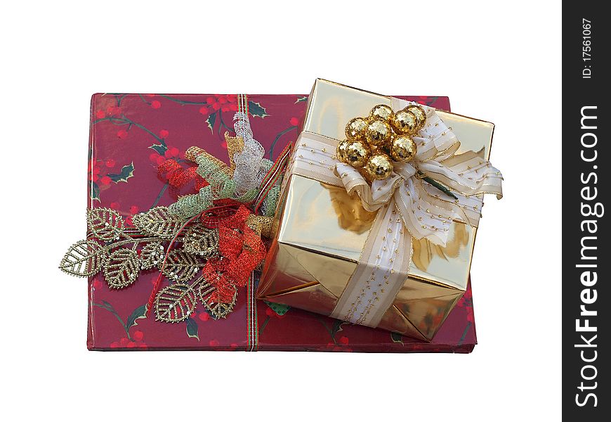 Christmas present boxes over white, wrapped with ribbons. Christmas present boxes over white, wrapped with ribbons