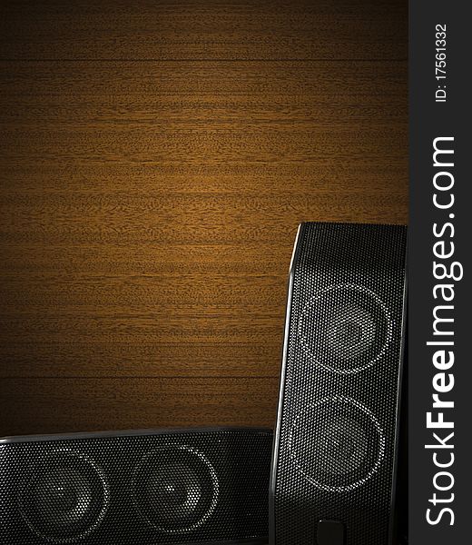 Wood background with two speakers. Wood background with two speakers