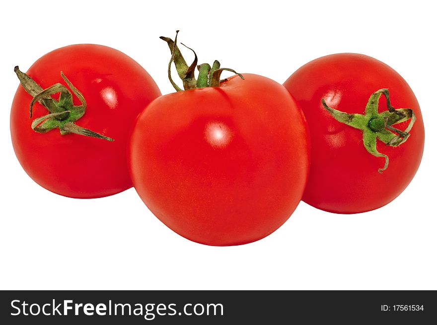 Three red tomatoes, isolated on white background