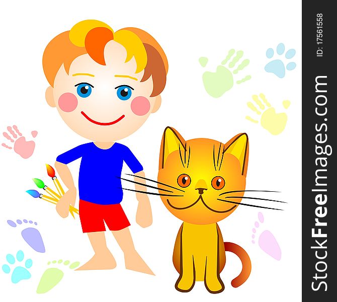 Little boy and a cat drawing, cat tracks everywhere, and children's hands and feet. Little boy and a cat drawing, cat tracks everywhere, and children's hands and feet