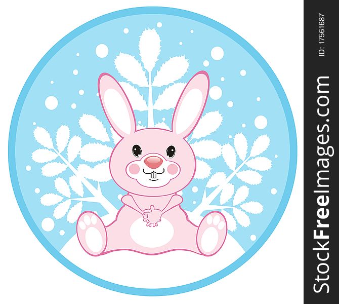 Pink hare on a round card: illustration