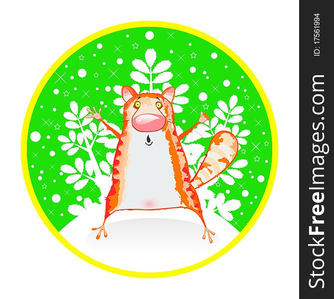 Rad cat on a round card: winter illustration. Rad cat on a round card: winter illustration