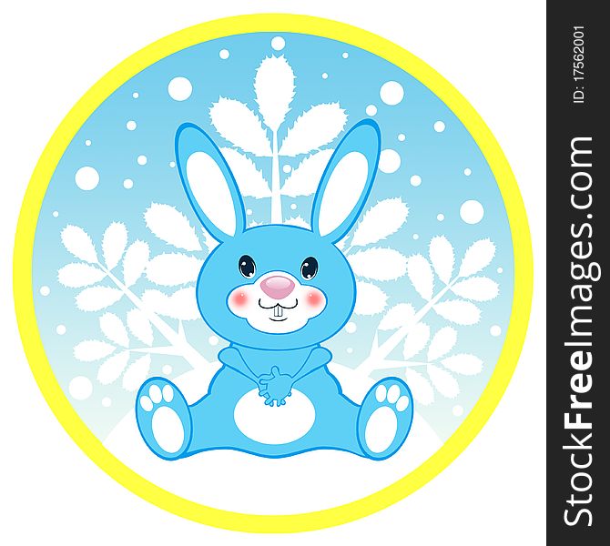 Blue hare on a round card: illustration