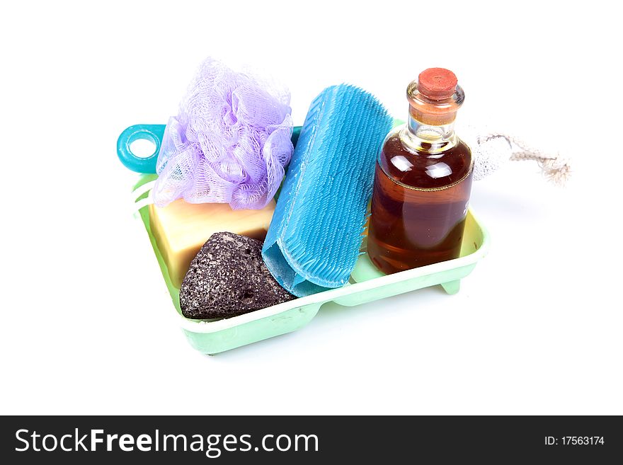 Washing items brush, soap, oil etc on white background. Washing items brush, soap, oil etc on white background.