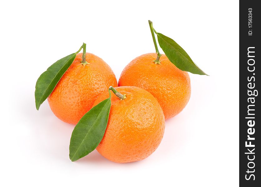 Three Ripe Tangerines With Leafs