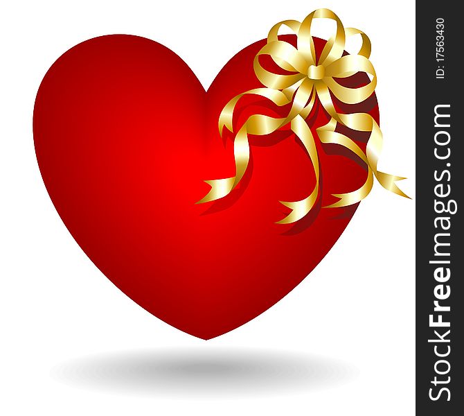 A Red Heart decorated with a Golden Bow for S.Valentine. A Red Heart decorated with a Golden Bow for S.Valentine