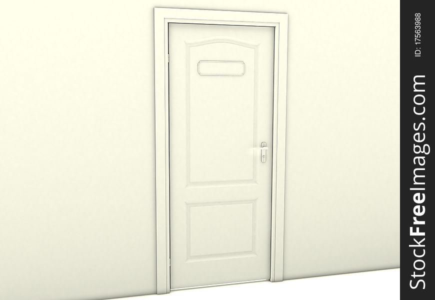 Closed white door marked with white floor and white wall №1. Closed white door marked with white floor and white wall №1