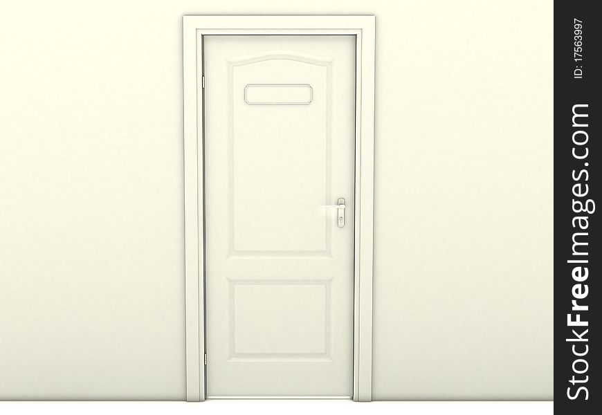 Closed white door marked with white floor and white wall №3. Closed white door marked with white floor and white wall №3