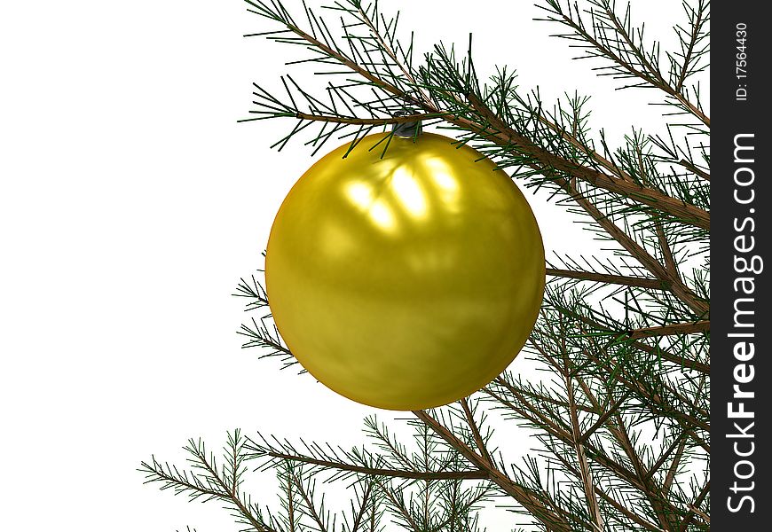 Yellow Christmas toy attached to a tree branch on a white background