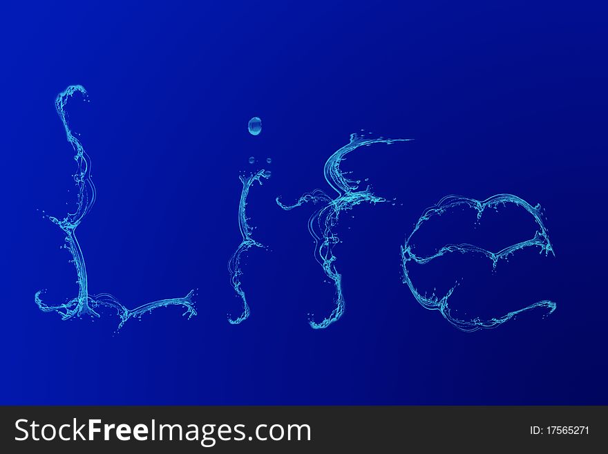 Word life from water splashes on a blue background