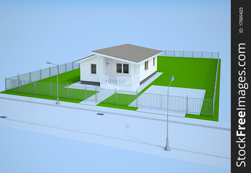Small white cottage on the earth with a fencing