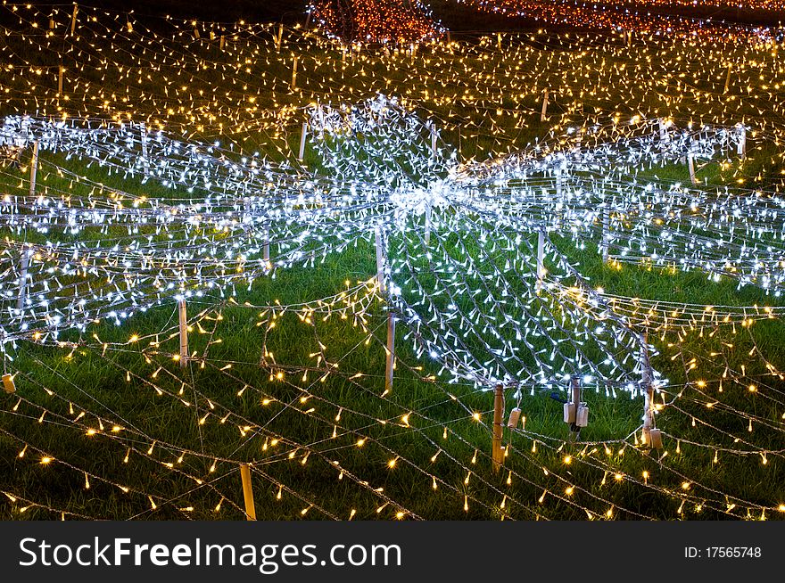 Decoration of small lamps on grass floor, Thailand.