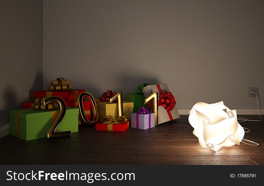 Original lamp with group of presents and 2011 figure in the corner of the room. Original lamp with group of presents and 2011 figure in the corner of the room.