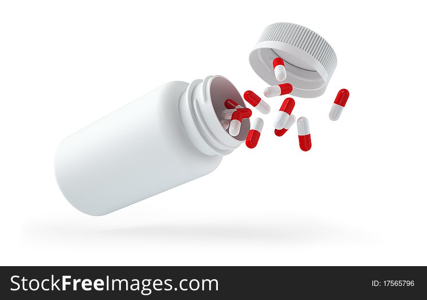 Fallen bottle with pills isolated on white background. XXXL image with clipping path. Fallen bottle with pills isolated on white background. XXXL image with clipping path.