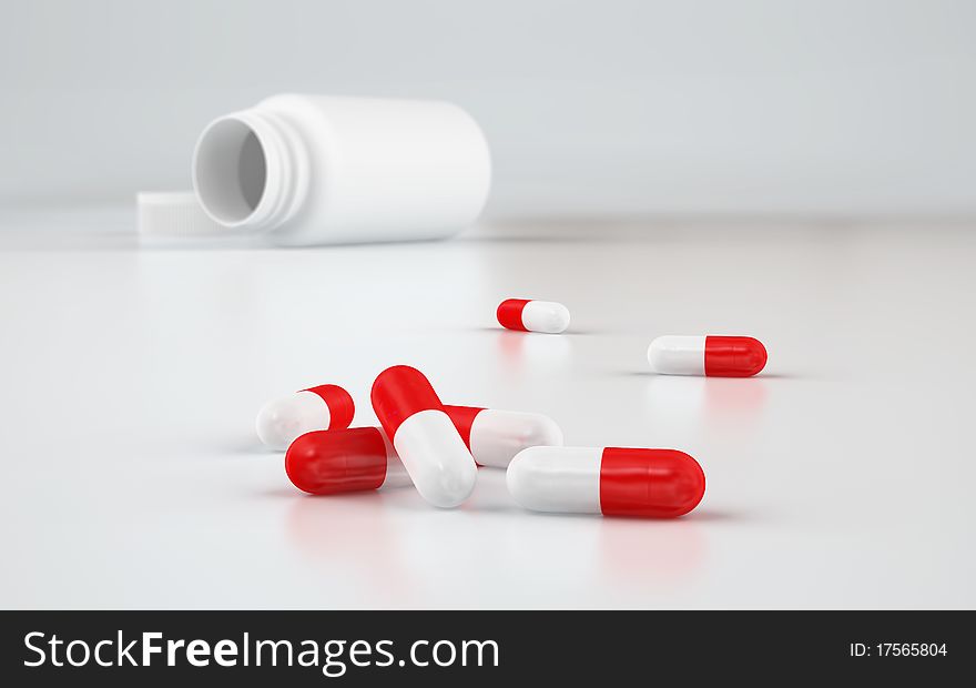 Red and white capsules on white reflective floor with white bottle on background. XXXL size image. Red and white capsules on white reflective floor with white bottle on background. XXXL size image.