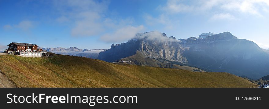 Passo Sella Cabin-Dolomites Mountains panorama