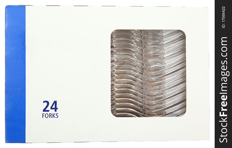 Box of 24 clear plastic forks in a blank label box over white. Box of 24 clear plastic forks in a blank label box over white.